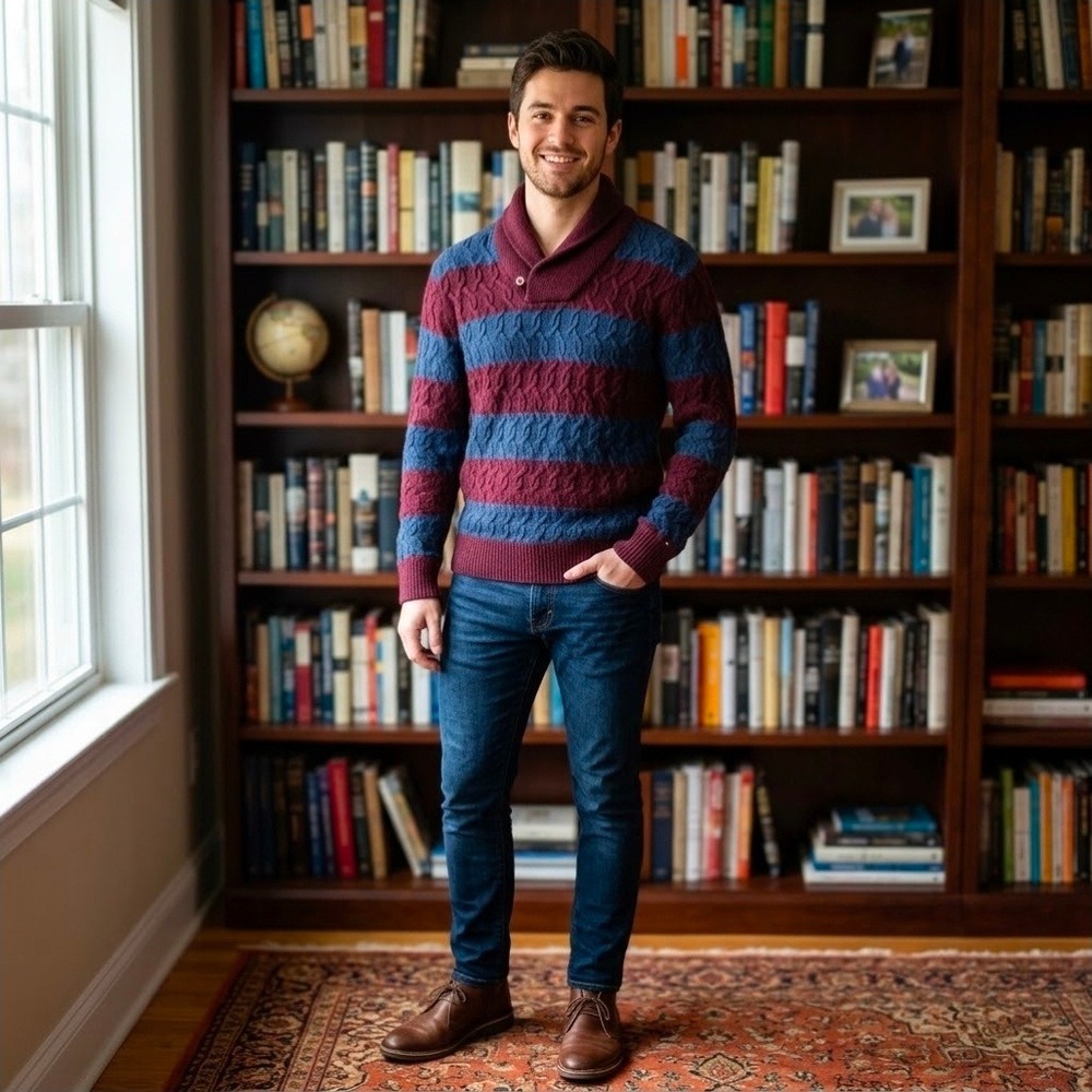 Tommy Hilfiger Mens Cable Knit Shawl Collar Striped Sweater Burgundy Blue Large